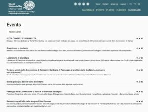 schermata del sito ufficiale world wetlands day.org con elenco eventi caricati da !associazione Sinisterrae Cabras Sardegna, come esempio della guida completa alla registrazione degli eventi sul sito ufficiale