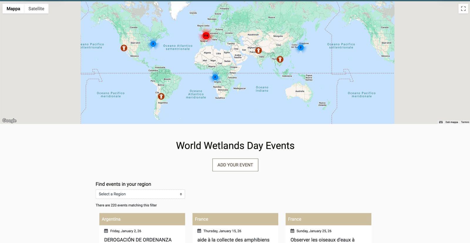 schermata per caricare eventi nel sito internet world wetlandsday.org e partecipare al mese Ramsar di tutela delle zone umide
